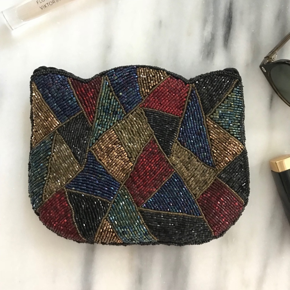 Neiman Marcus Geometric Colorful Gem Tones Beaded Embellished Clutch Bag